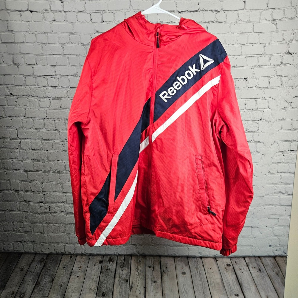 Reebok Mens XL Red Fleece Lined Hooded Windbreaker Jacket Navy White Stripe